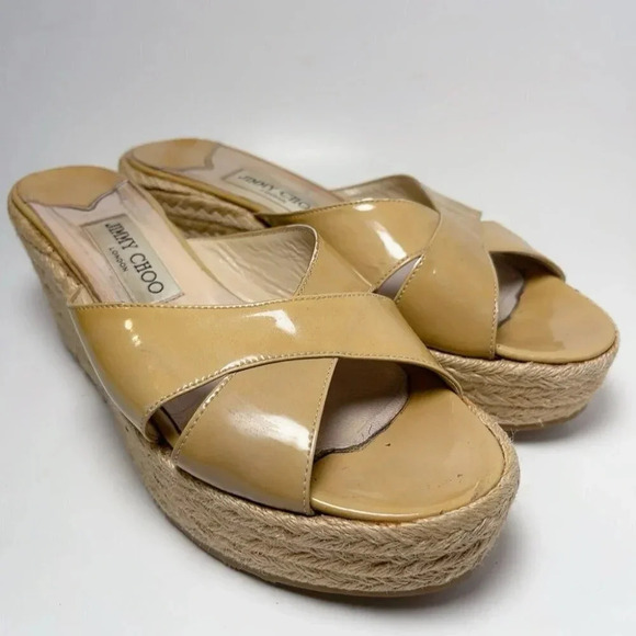 Jimmy Choo Womens Size 39 Criss Cross Patent Leather Wedge Espadrilles Sandal - Picture 1 of 14